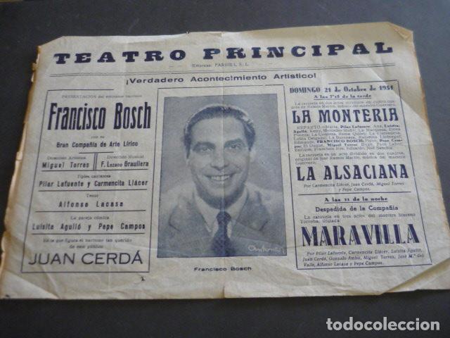 Sammeln von Plakaten: ALICANTE TEATRO PRINCIPAL CARTEL BARITONO FRANCISCO BOSCH 1951 22 X 31 CM