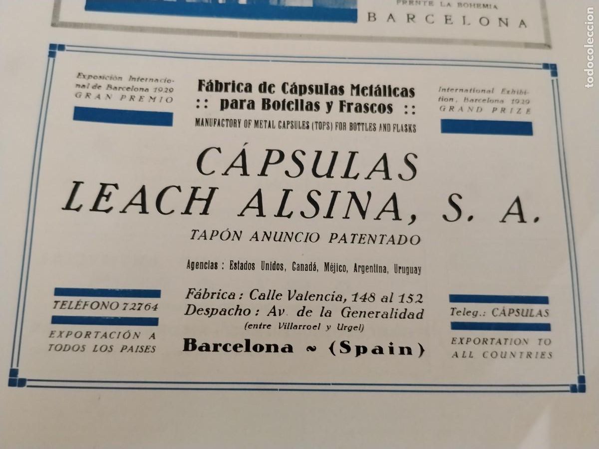 Coleccionismo de carteles: FABRICA DE CAPSULAS METALICAS PARA BOTELLAS Y FRASCOS CAPSULAS LEACH ALSINA BARCELONA A&Ntilde;O 1931-1932