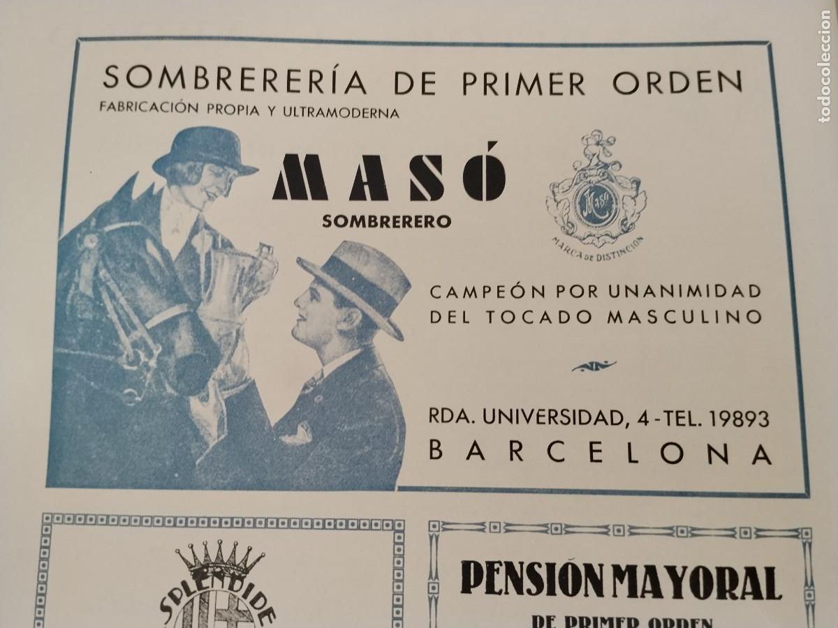 Coleccionismo de carteles: SOMBRERERIA DE PRIMER ORDEN MASO SOMBRERERO BARCELONA HOJA REVISTA A&Ntilde;O 1931-1932