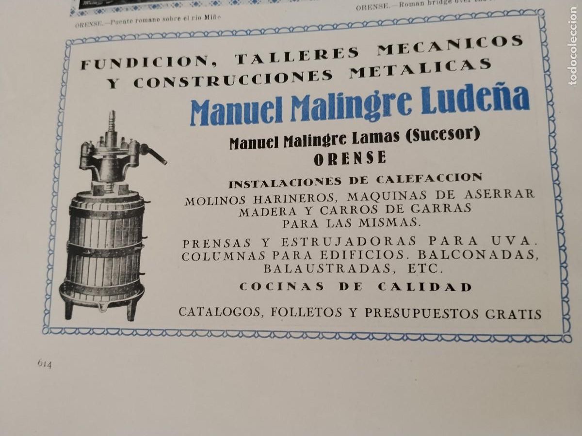 Coleccionismo de carteles: FUNDICION TALLERES MECANICOS MANUEL MALINGRE LUDE&Ntilde;A ORENSE CALEFACCION HOJA A&Ntilde;O 1931-1932