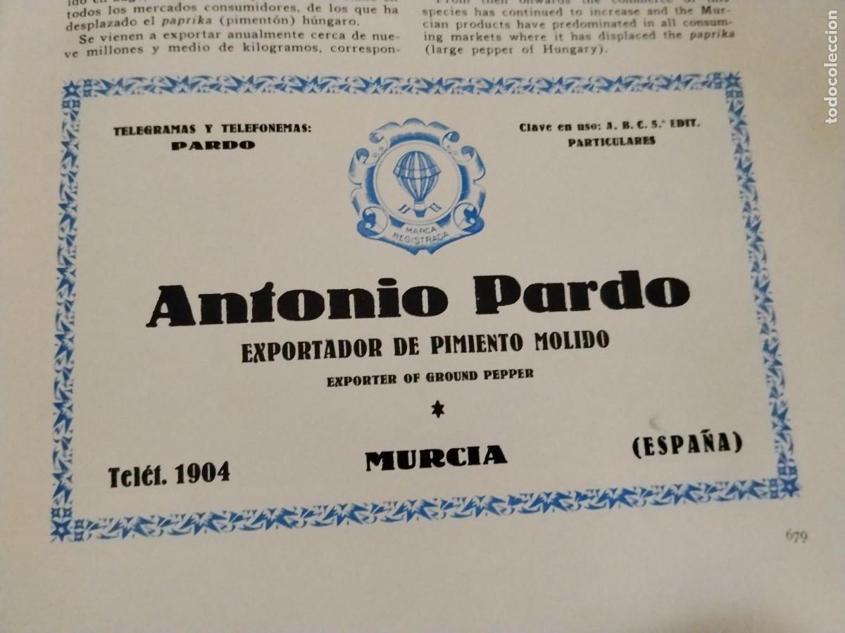 Coleccionismo de carteles: ANTONIO PARDO EXPORTADOR DE PIMIENTO MOLIDO MURCIA HOJA A&Ntilde;O 1931-1932