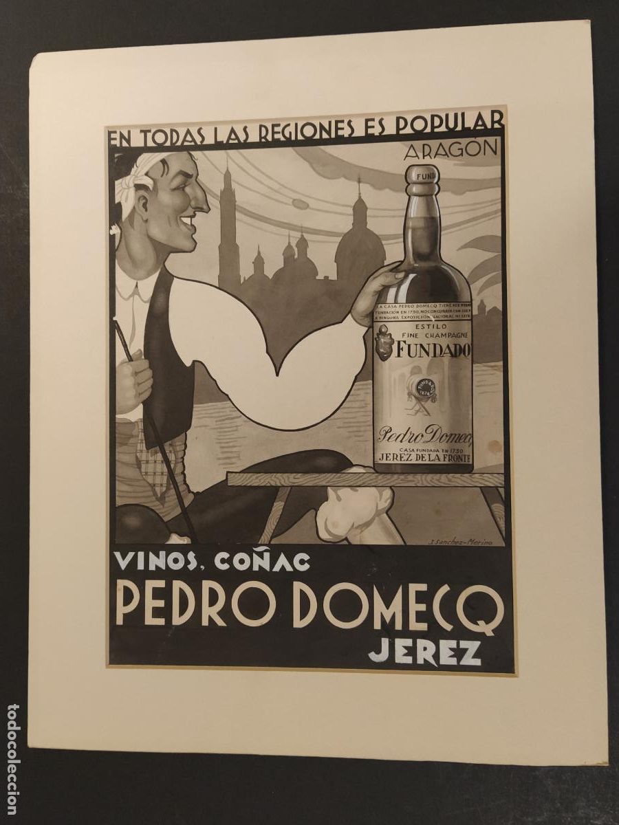 Coleccionismo de carteles: JEREZ- CO&Ntilde;AC PEDRO DOMECQ - S&Aacute;NCHEZ MERINO - DIBUJO ORIGINAL A MANO CARTEL ANTIGUO - PUBLICIDAD
