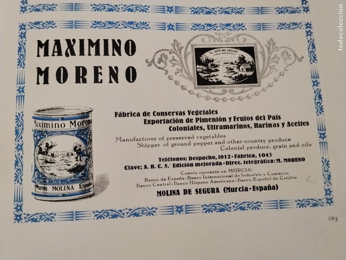 Coleccionismo de carteles: FABRICA CONSERVAS VEGETALES MAXIMO MORENO PIMENTON MOLINA DE SEGURA MURCIA HOJA A&Ntilde;O 1931-1932