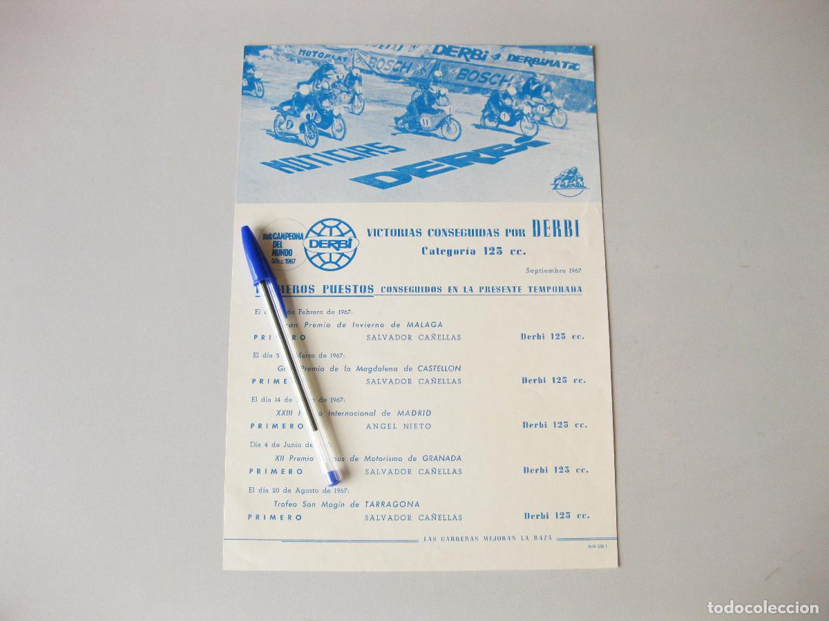 Coleccionismo de carteles: HOJA CARTEL PUBLICITARIO DE MOTOCICLETAS DERBI. VICTORIAS CONSEGUIDAS. 1967