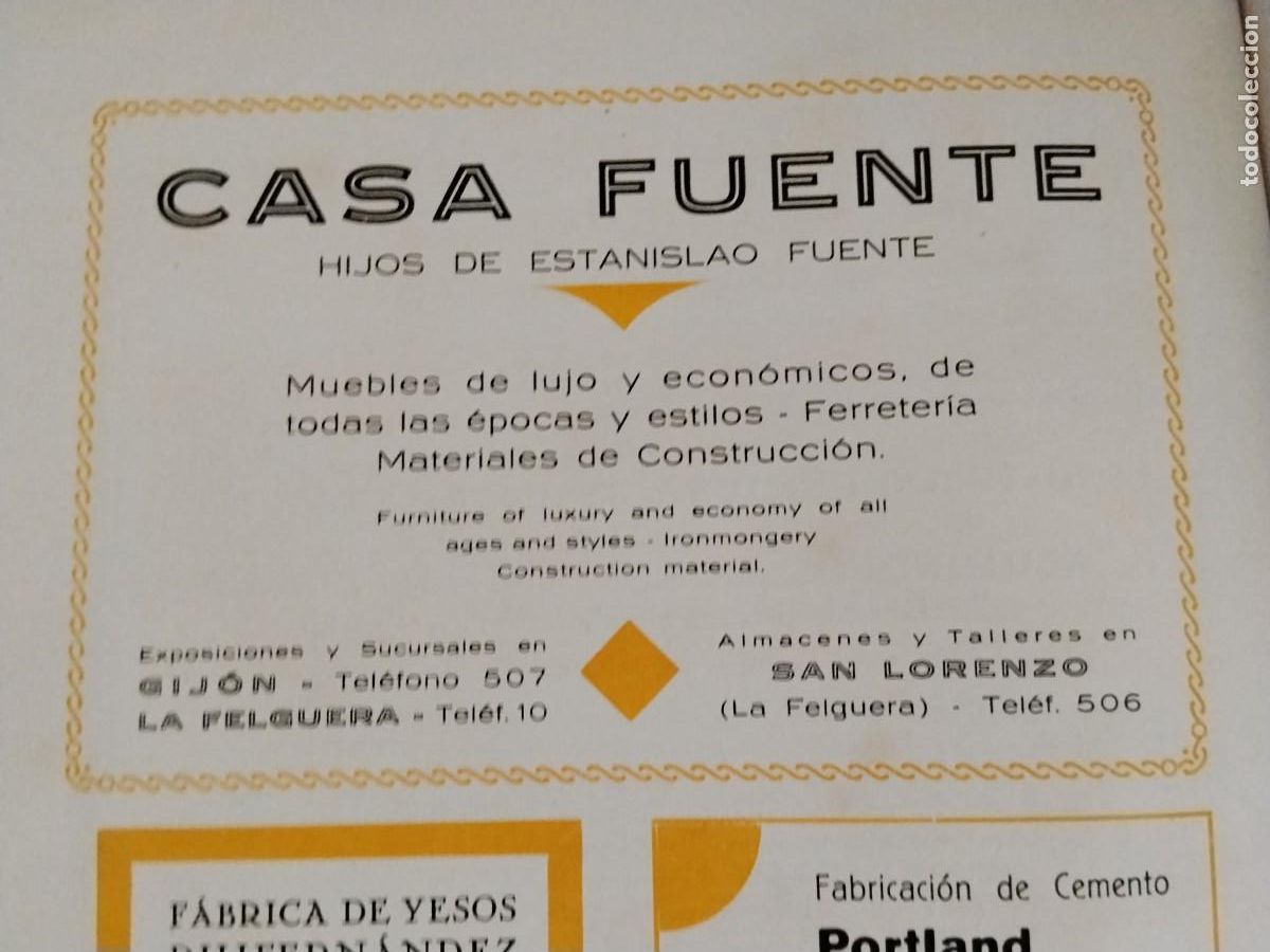 Coleccionismo de carteles: CASA FUENTE HIJO DE ESTANISLAO FUENTE MUEBLES FERRETERIA LA FELGUERA SAN LORENZO HOJA 1931-1932
