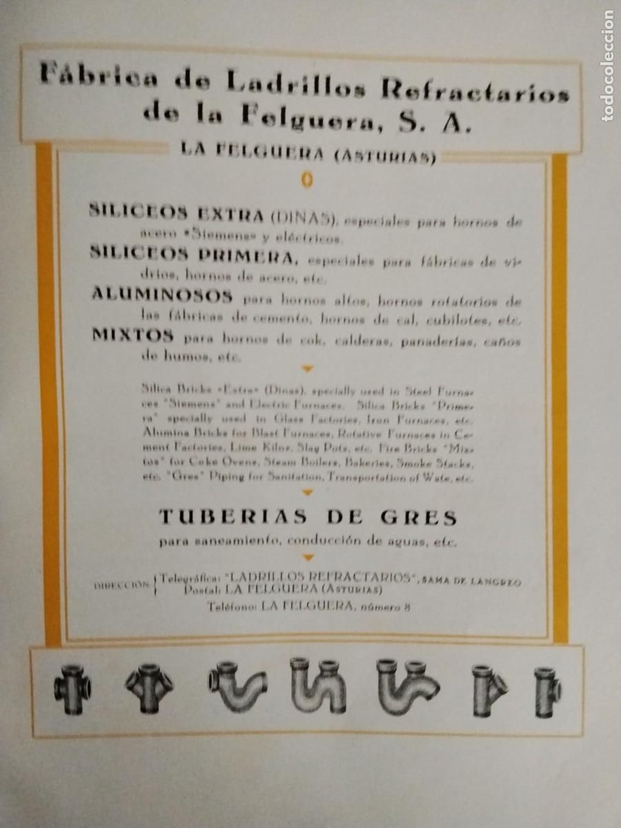 Coleccionismo de carteles: FABRICA DE LADRILLOS REFRACTARIOS DE LA FELGUERA S.A. TUBERIAS DE GRES ASTURIAS HOJA 1931-1932