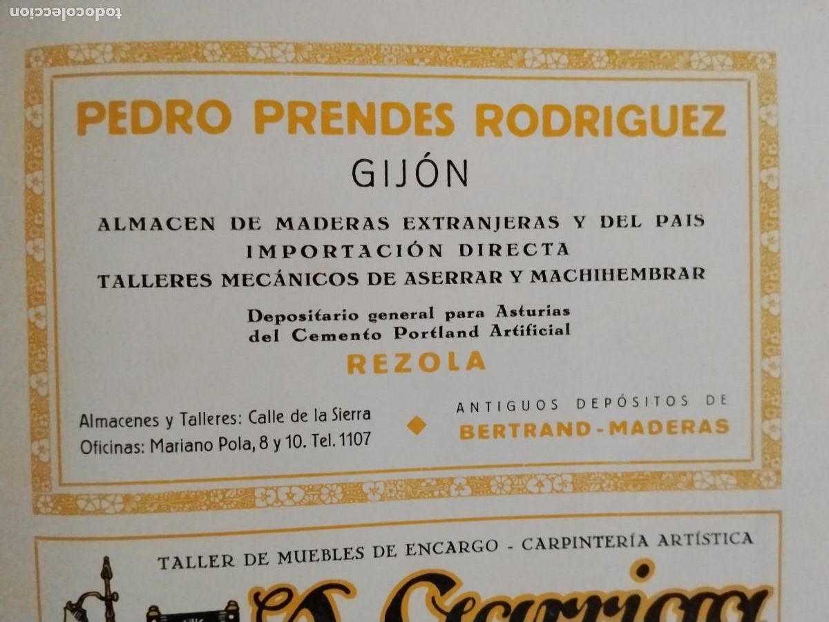 Coleccionismo de carteles: ALMACEN DE MADERAS TALLERES MECANICOS ASERRAR PEDRO PRENDES RODRIGUEZ REZOLA HOJA 1931-1932