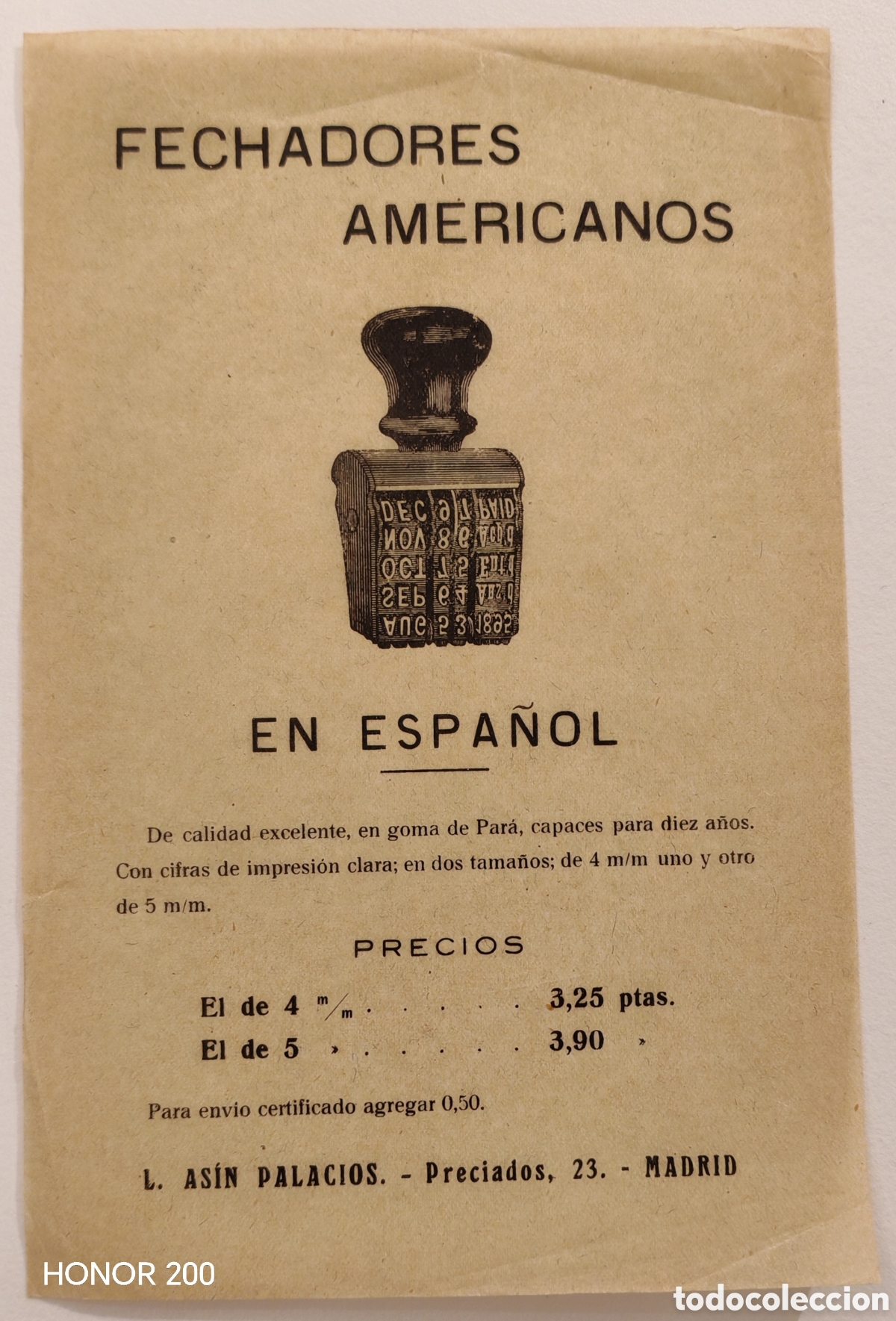 Coleccionismo de carteles: Folleto Octavilla Publicitaria - Fechadores Americanos en Espa&ntilde;ol - Madrid C. 1900