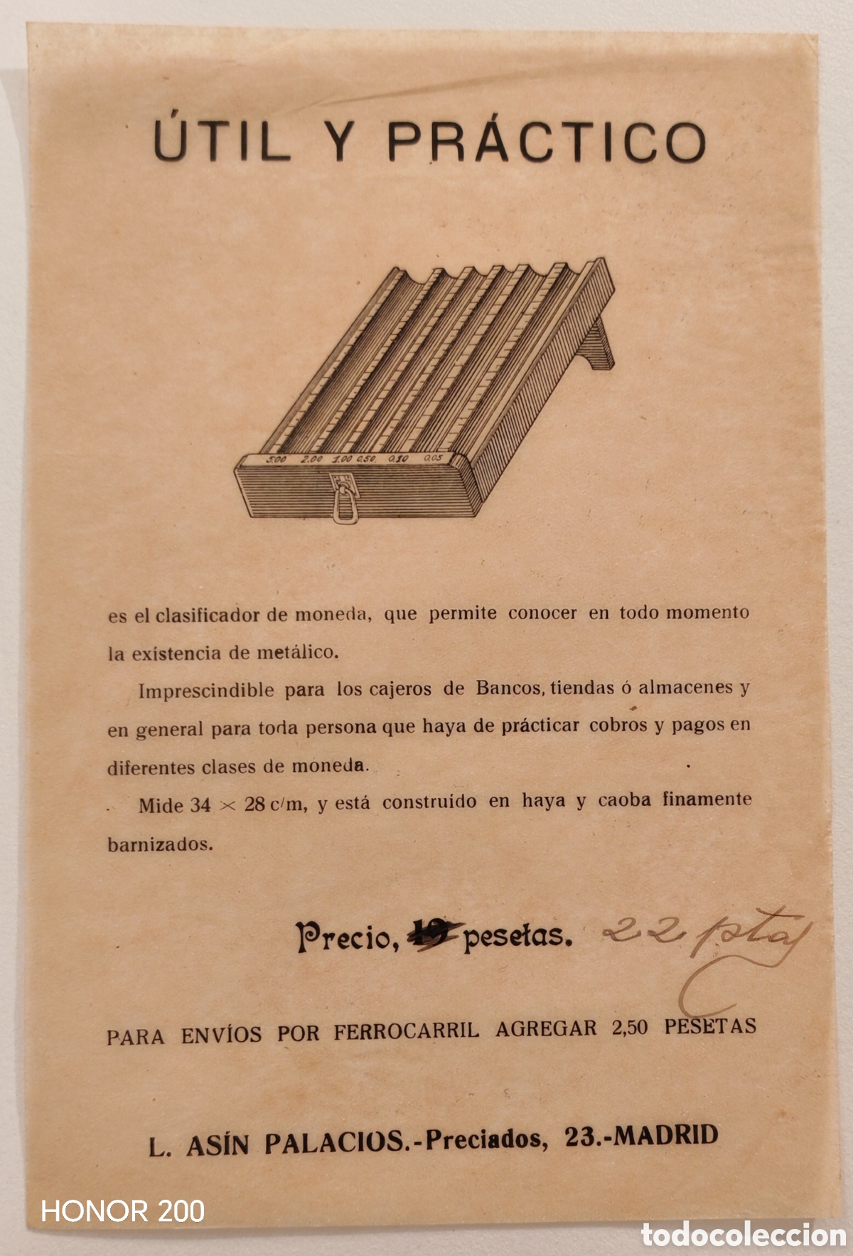 Coleccionismo de carteles: Folleto Publicitario Octavilla - Clasificador de Monedas &uacute;til y pr&aacute;ctico - Madrid C.1900
