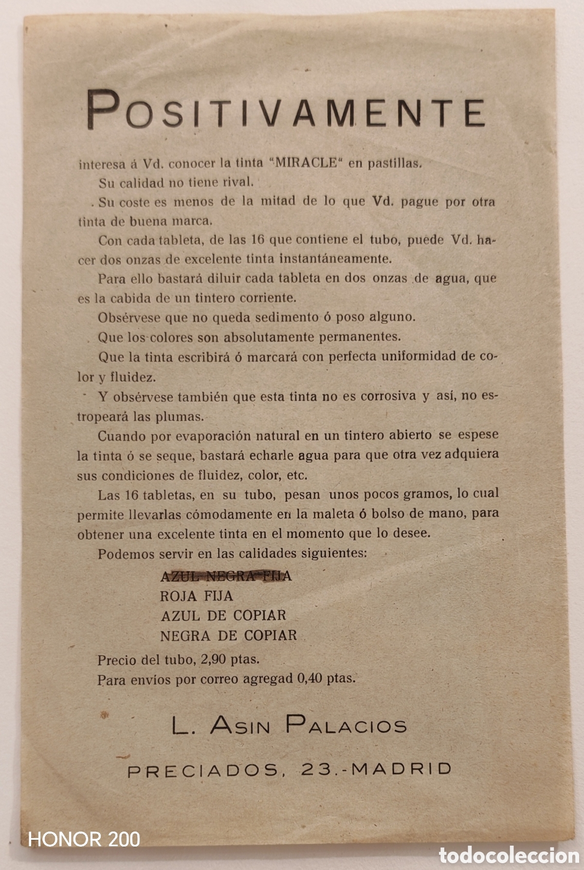 Coleccionismo de carteles: Folleto Publicitario Octavilla - Tinta &rdquo;Miracle&rdquo; en Pastilla - Madrid C. 1900