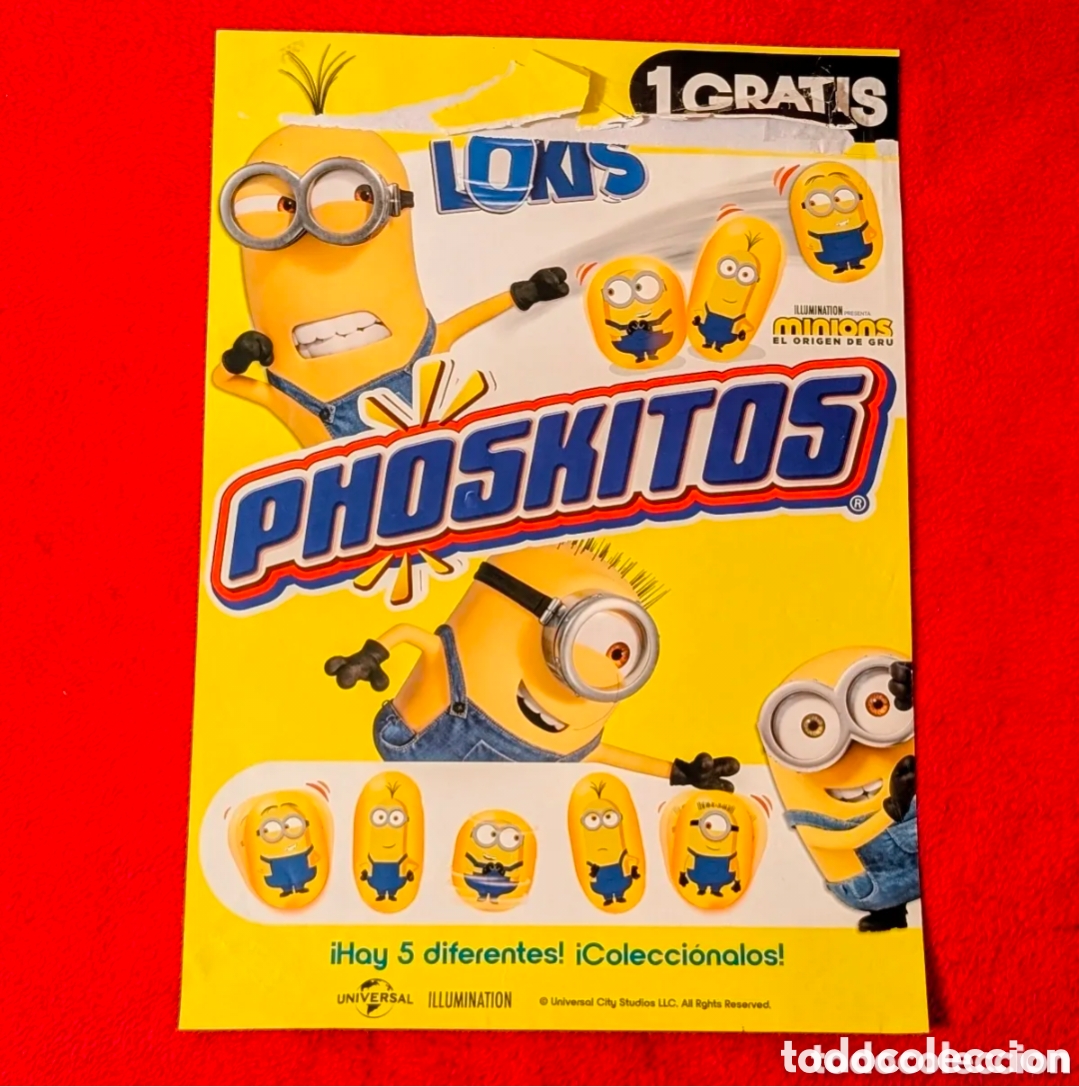 Coleccionismo de carteles: Phoskitos p&oacute;ster cromos figuras Lokis. Minions. El origen del Gru. Pastelitos