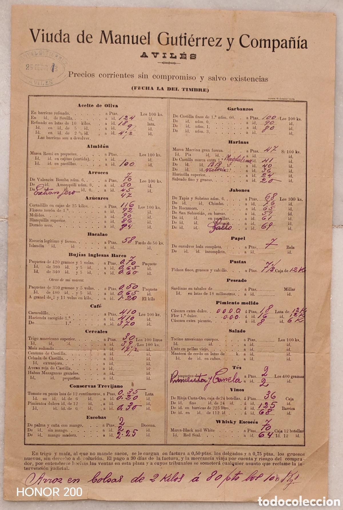 Coleccionismo de carteles: Cartel - Lista de Precios de Viuda de Manuel Guti&eacute;rrez y C&iacute;a - Avil&eacute;s 1903