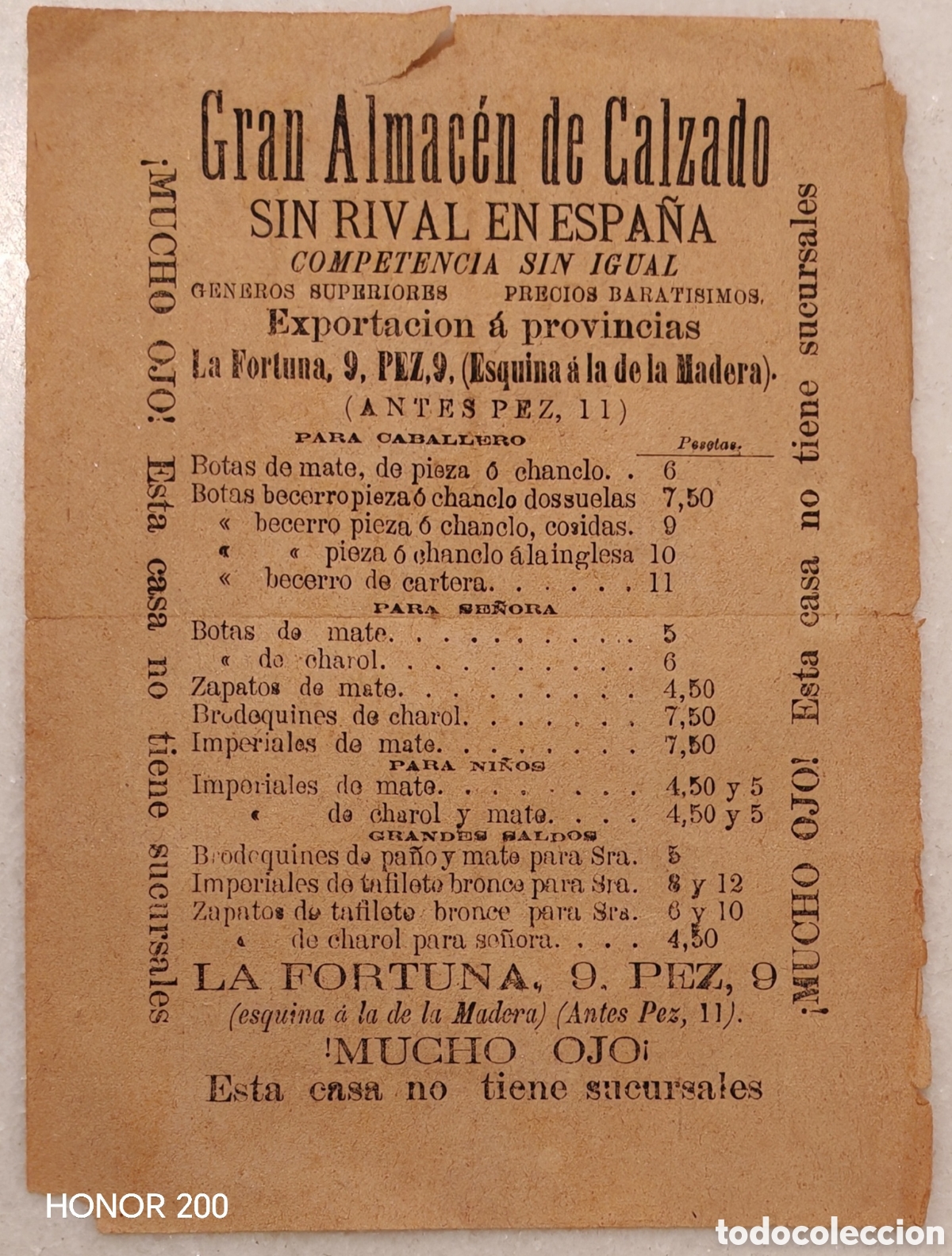 Coleccionismo de carteles: Cartel Octavilla Publicitaria - Gran Almac&eacute;n de Calzado Sin Rival en Espa&ntilde;a - Madrid C.1900.