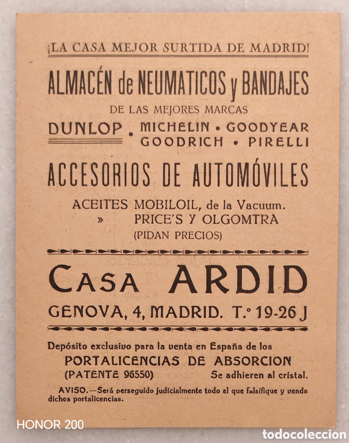Coleccionismo de carteles: Octavilla Secante - Casa Ardid. Almac&eacute;n de Neum&aacute;ticos y Bandajes - Madrid 1926-27