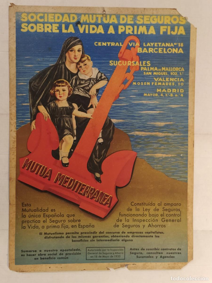 Coleccionismo de carteles: MUTUA MEDITERRANEA SOCIEDAD MUTUA DE SEGUROS SOBRE LA VIDA - A&Ntilde;OS 30 - CARTEL ANTIGUO -VER FOTOS
