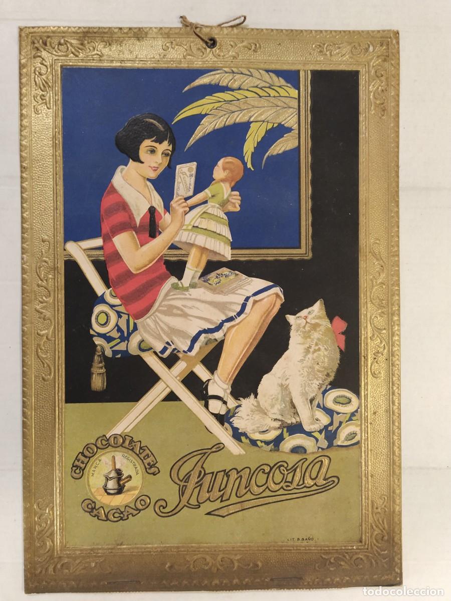 Coleccionismo de carteles: CHOCOLATES CACAO JUNCOSA - CARTEL ANTIGUO - CART&Oacute;N - PUBLICIDAD - NI&Ntilde;A CON MU&Ntilde;ECA Y GATO -VER FOTOS