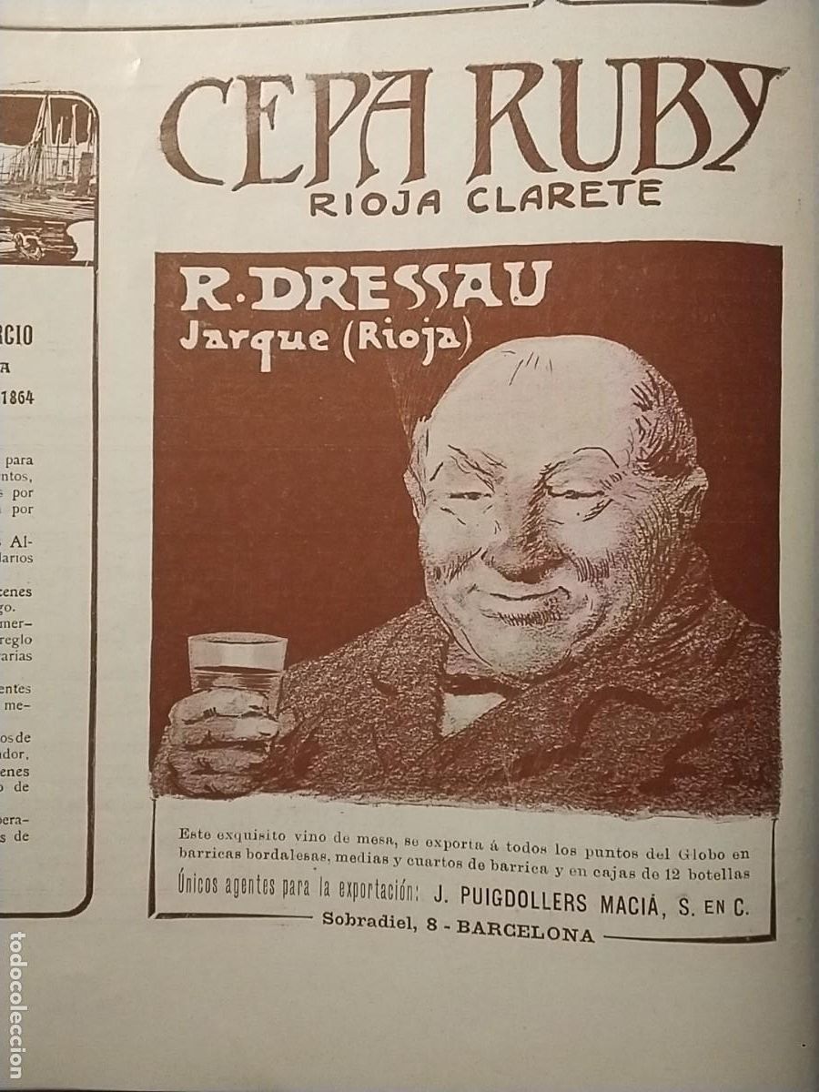 Coleccionismo de carteles: CEPA RUBY RIOJA CLARETE R.DRESSAU JARQUE LA RIOJA VINO DE MESA HOJA REVISTA A&Ntilde;O 1902