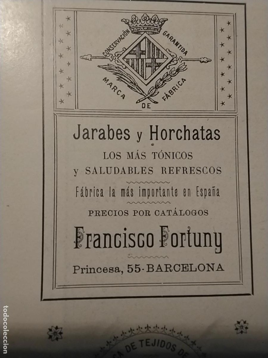 Coleccionismo de carteles: FABRICA DE JARABES Y HORCHATAS FRANCISCO FORTUNY BARCELONA HOJA REVISTA A&Ntilde;O 1902
