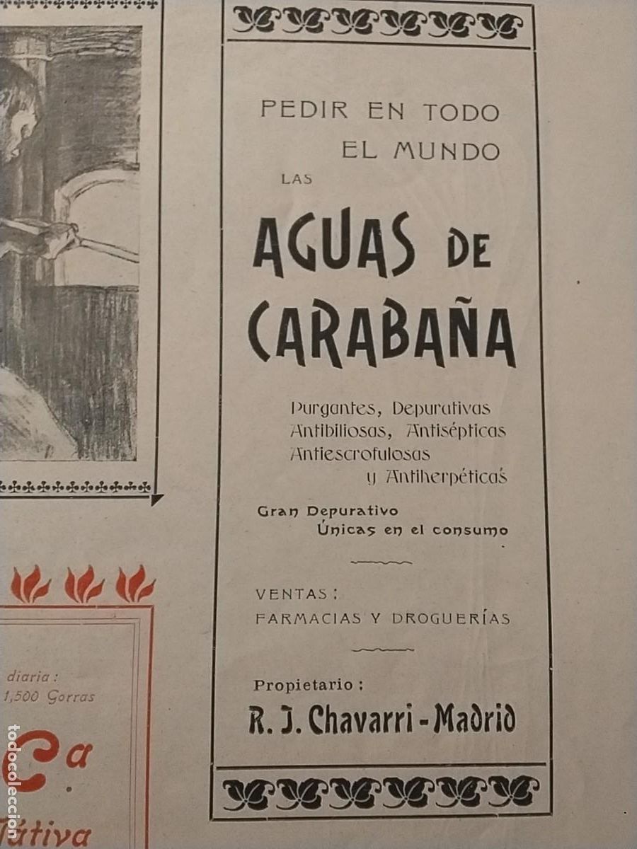 Coleccionismo de carteles: AGUAS DE CARABA&Ntilde;A PROPIETARIO R.J. CHAVARRI MADRID GRAN DEPURATIVO HOJA REVISTA A&Ntilde;O 1903