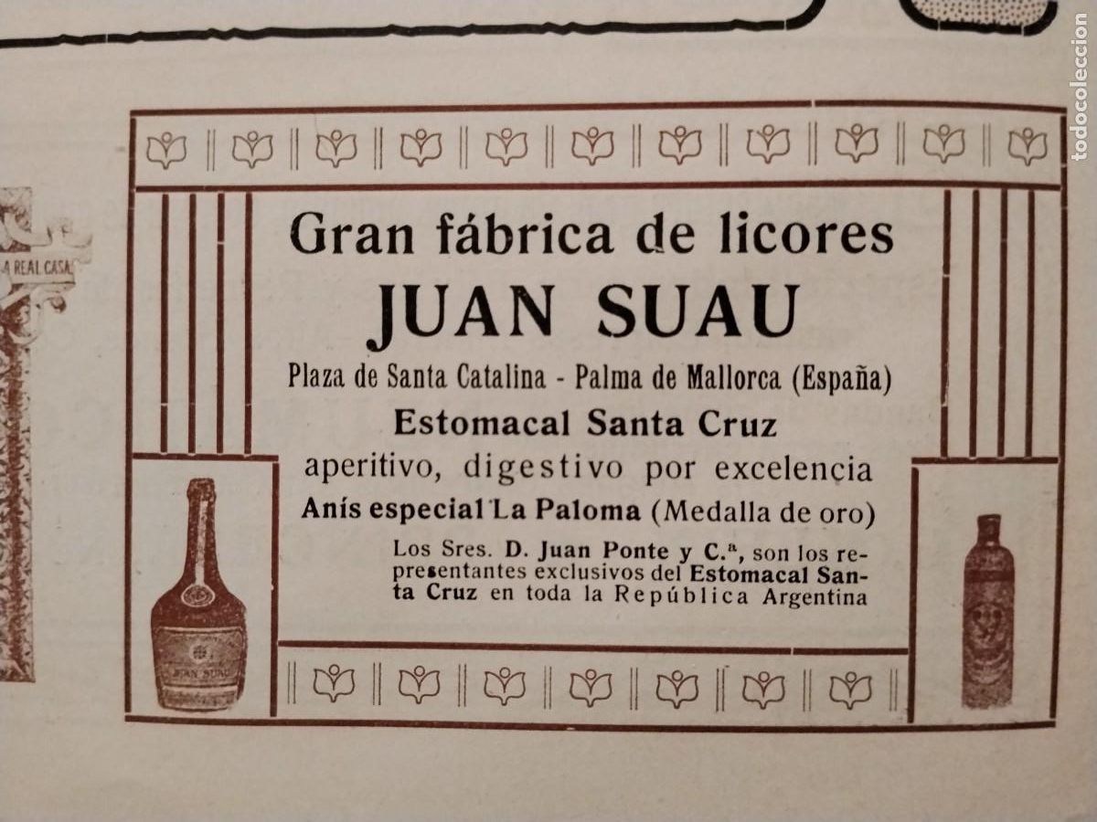 Sammeln von Plakaten: FABRICA LICORES JUAN SUAU ESTOMACAL SANTA CRUZ ANIS ESPECIAL PALOMA PALMA MALLORCA HOJA A&Ntilde;O 1906