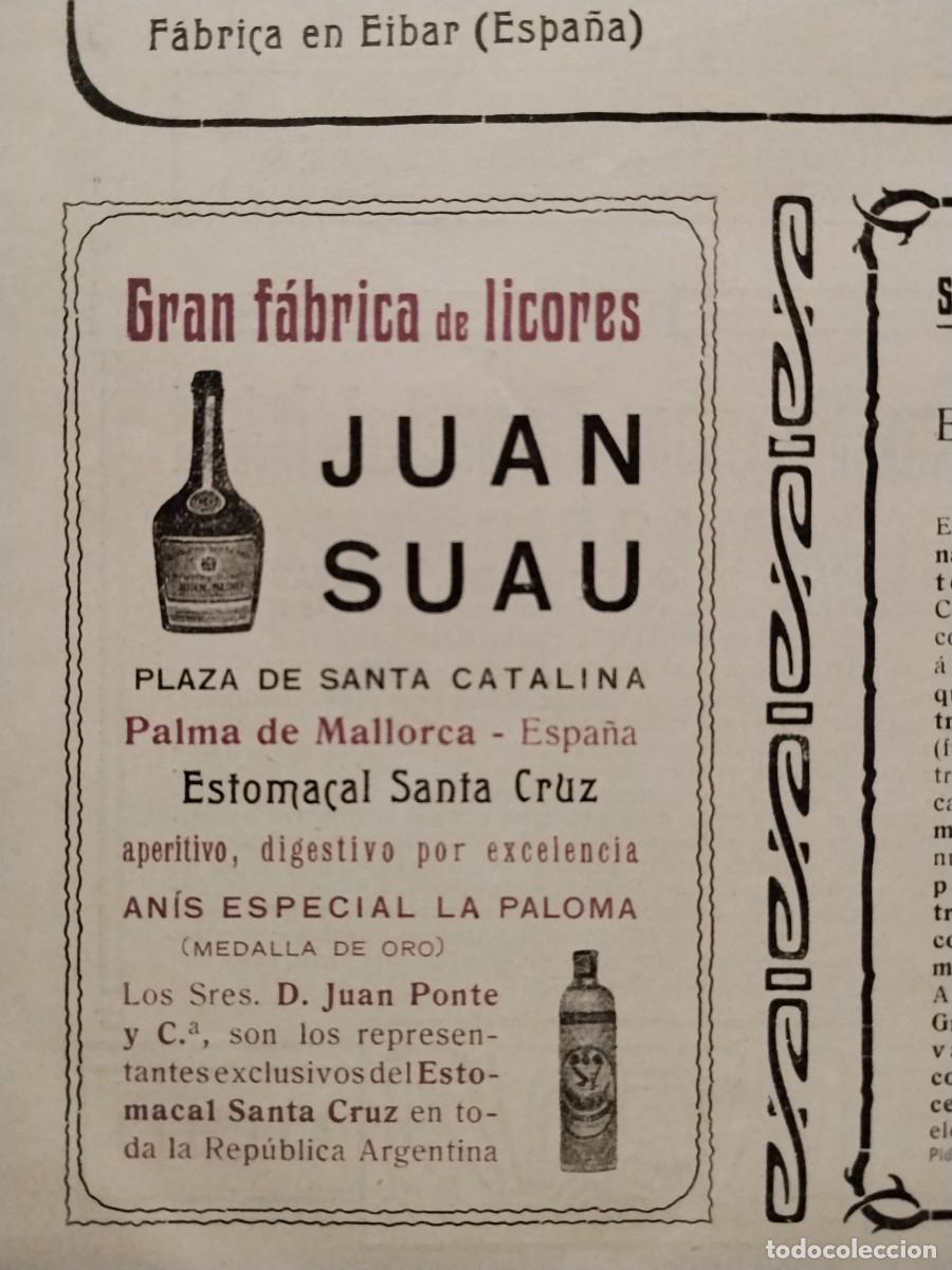 Sammeln von Plakaten: FABRICA LICORES JUAN SUAU ESTOMACAL SANTA CRUZ ANIS ESPECIAL PALOMA PALMA MALLORCA HOJA A&Ntilde;O 1907