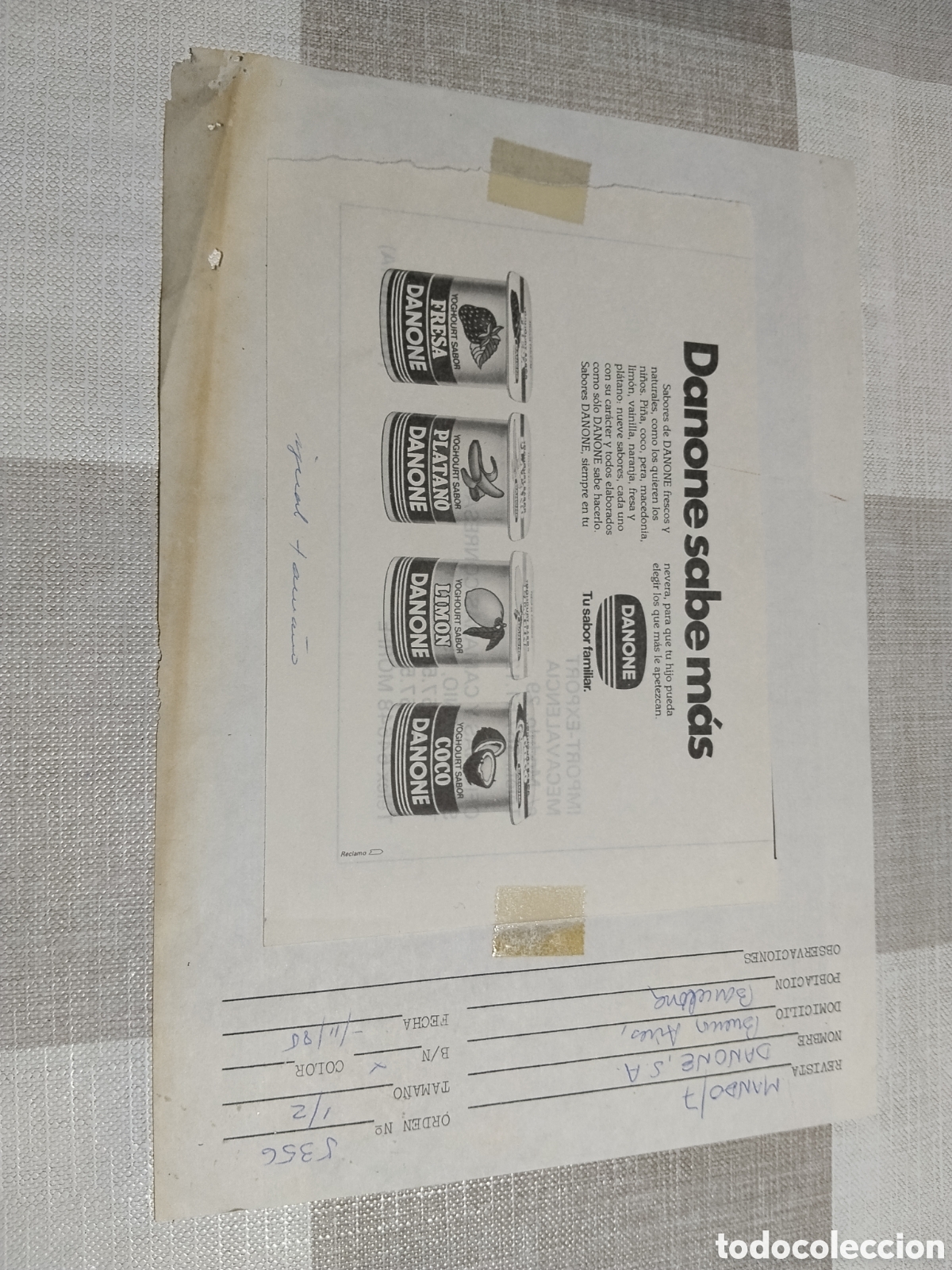 Poster collecting: Clich&eacute; publicidad Danone,revista mando 7 Barcelona