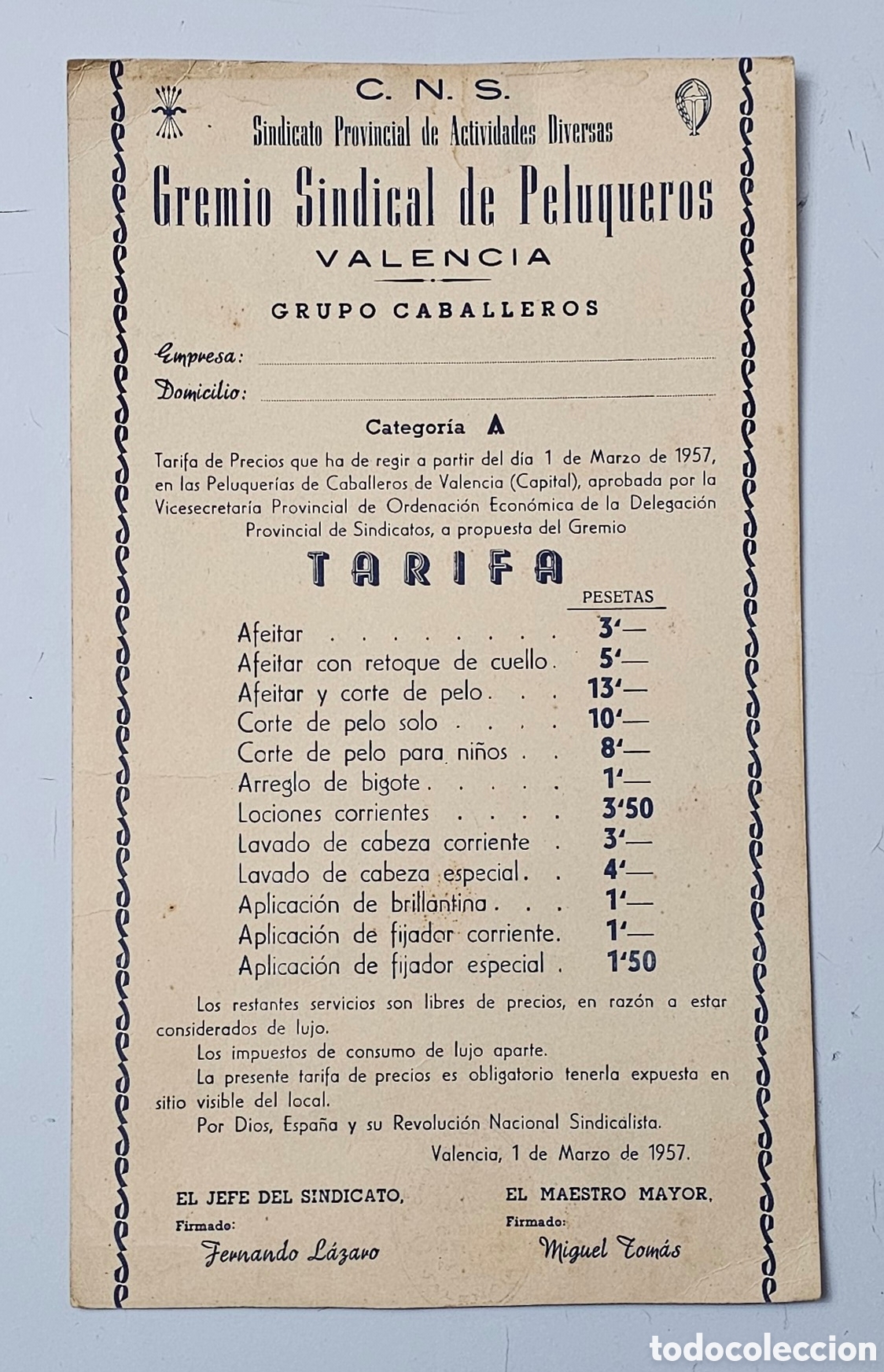 Collectionnisme d'affiches: CARTEL DE TARIFAS DEL GREMIO SINDICAL DE PELUQUEROS DE VALENCIA A&Ntilde;O 1957 Pieza rarisima!!