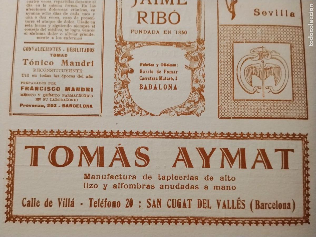 Coleccionismo de carteles: MANUFACTURA TAPICERIAS ALFOMBRAS ANUDADAS A MANO TOMAS AYMAT SANT CUGAT VALLES REVISTA A&Ntilde;O 1933