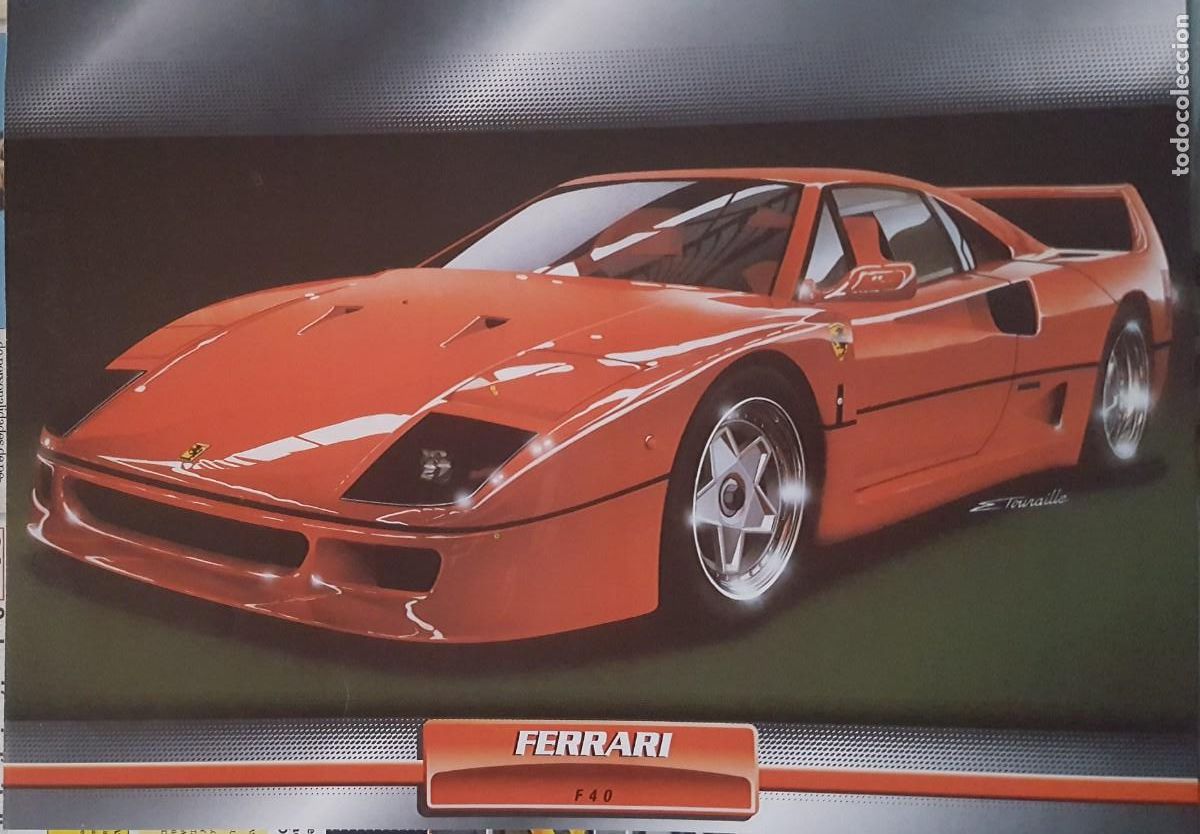 Coleccionismo de carteles: Preciosa l&aacute;mina/p&oacute;ster con ficha t&eacute;cnica detr&aacute;s de un Ferrari F40, en papel couch&eacute; de alto gramaje