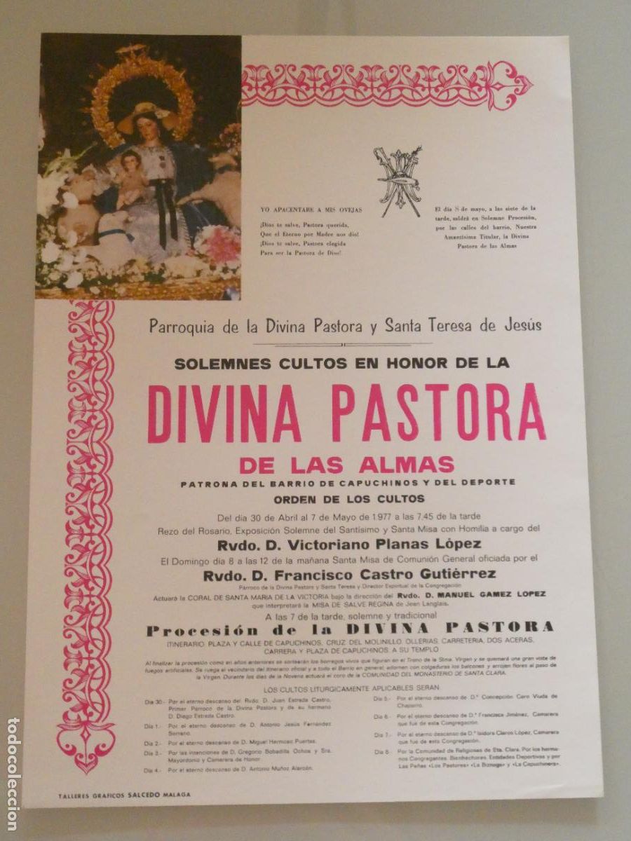 Coleccionismo de carteles: PEQUE&Ntilde;O CARTEL RELIGIOSO SEMANA SANTA M&Aacute;LAGA 1977 DIVINA PASTORA DE LAS ALMAS. CULTOS