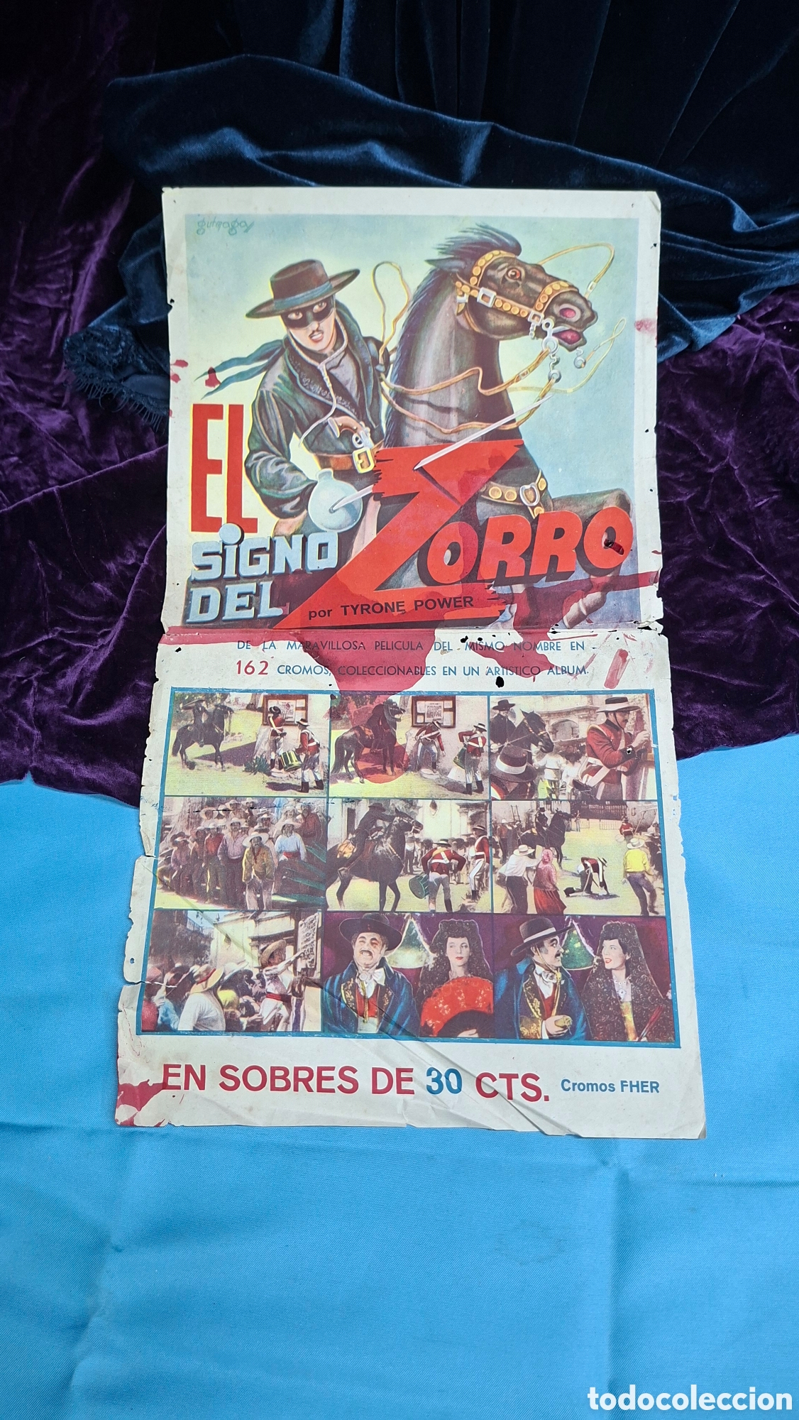 Coleccionismo de carteles: CARTEL PUBLICITARIO DE LIBRERIA - EL SIGNO DEL ZORRO TYRONE POWER - ALBUM CROMOS FHER A&Ntilde;OS 40/50