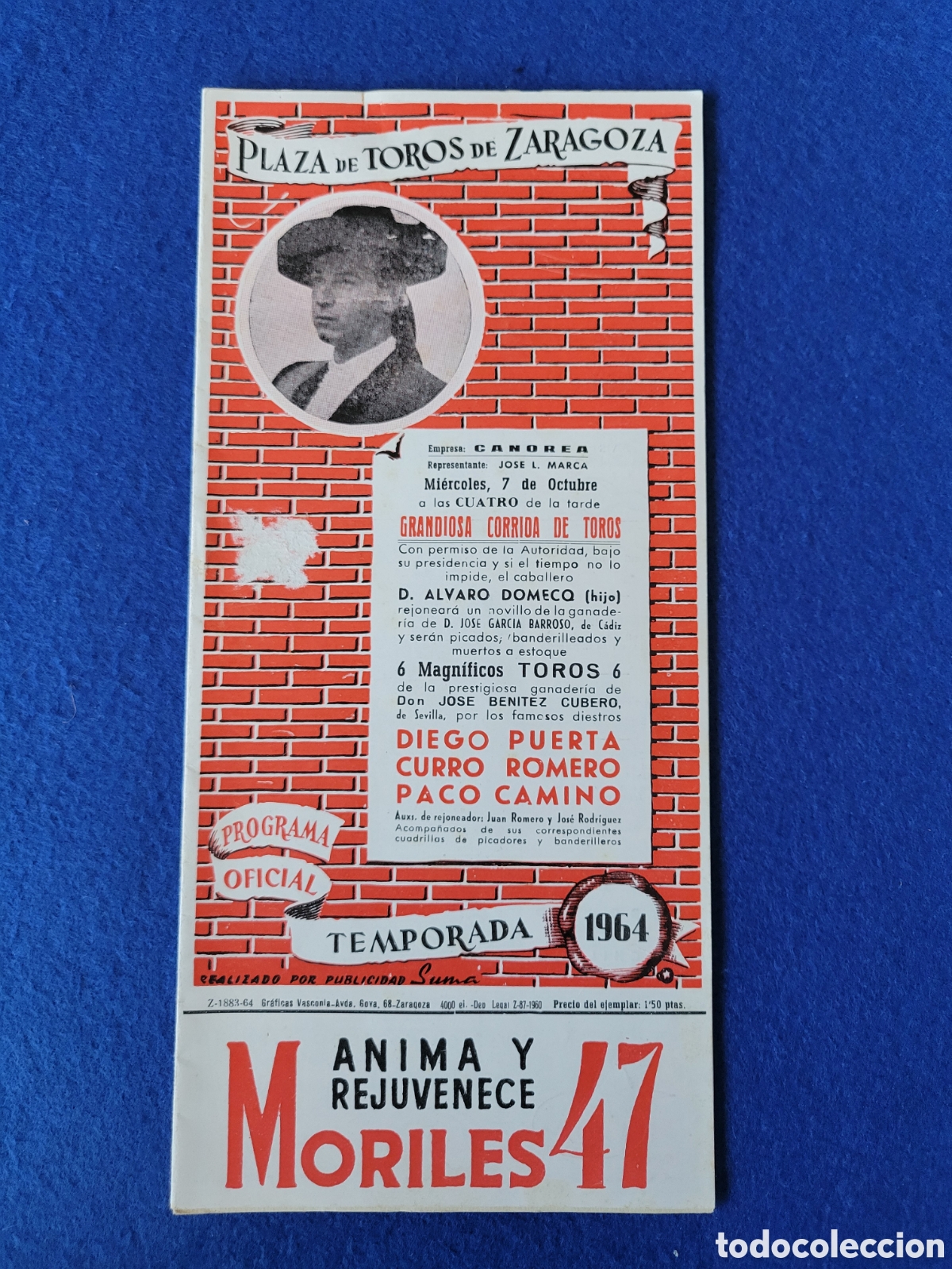 Coleccionismo de carteles: ANTIGUO PROGRAMA DE MANO PLAZA ZARAGOZA CORRIDA DE TOROS A&Ntilde;O 1964
