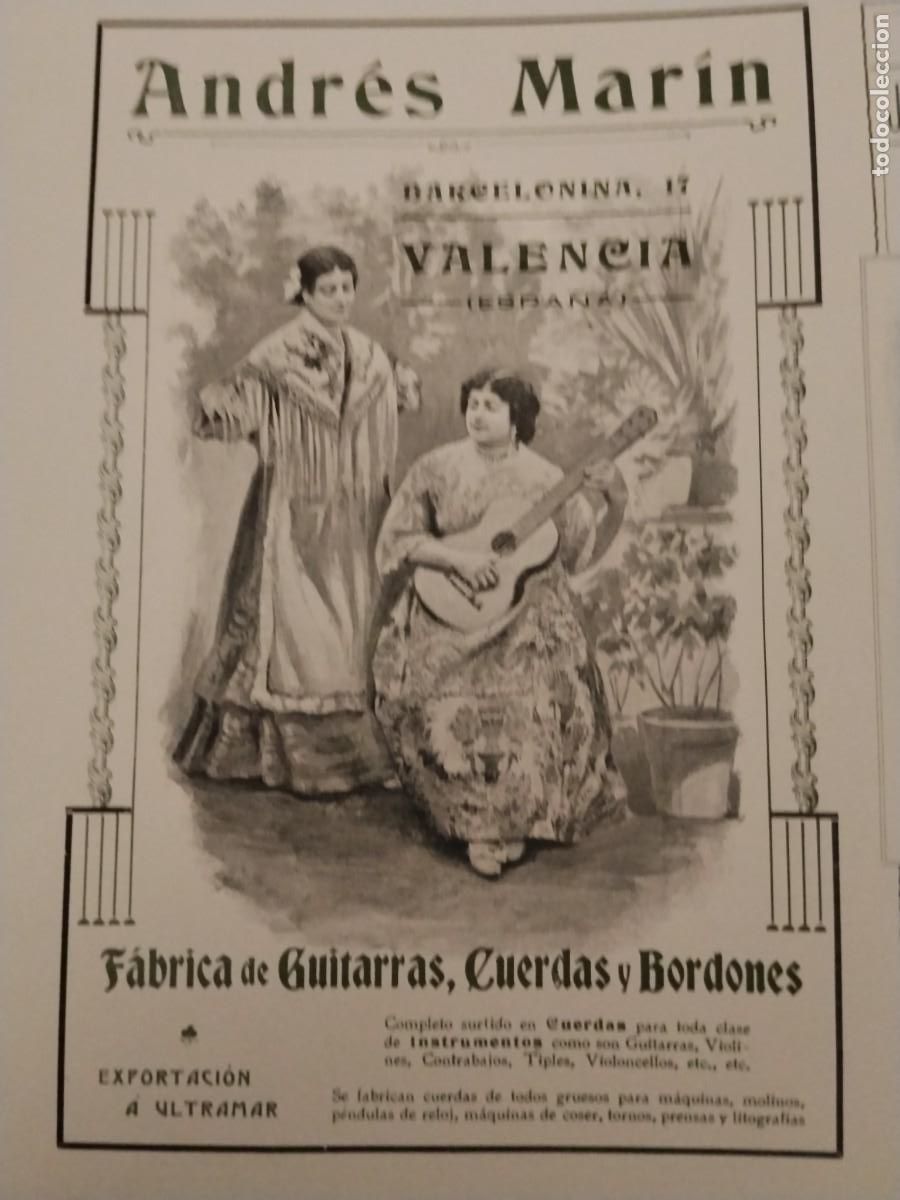 Coleccionismo de carteles: FABRICA DE GUITARRAS CUERDAS BORDONES ANDRES MARIN VALENCIA VIOLINES TIPLES HOJA A&Ntilde;O 1906