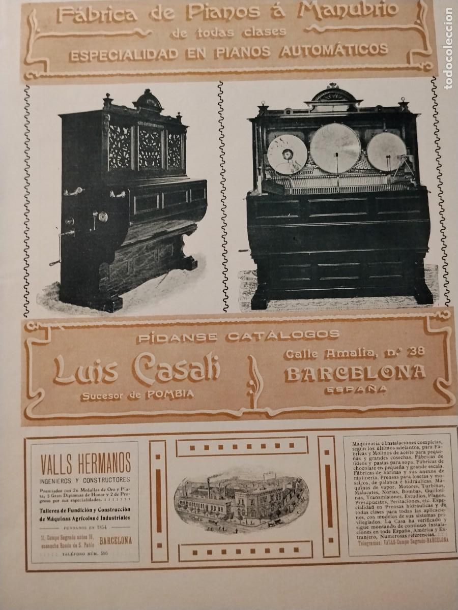 Coleccionismo de carteles: FABRICA DE PIANOS A MANUBRIO PIANOS AUTOMATICOS LUIS CASALI BARCELONA HOJA A&Ntilde;O 1906