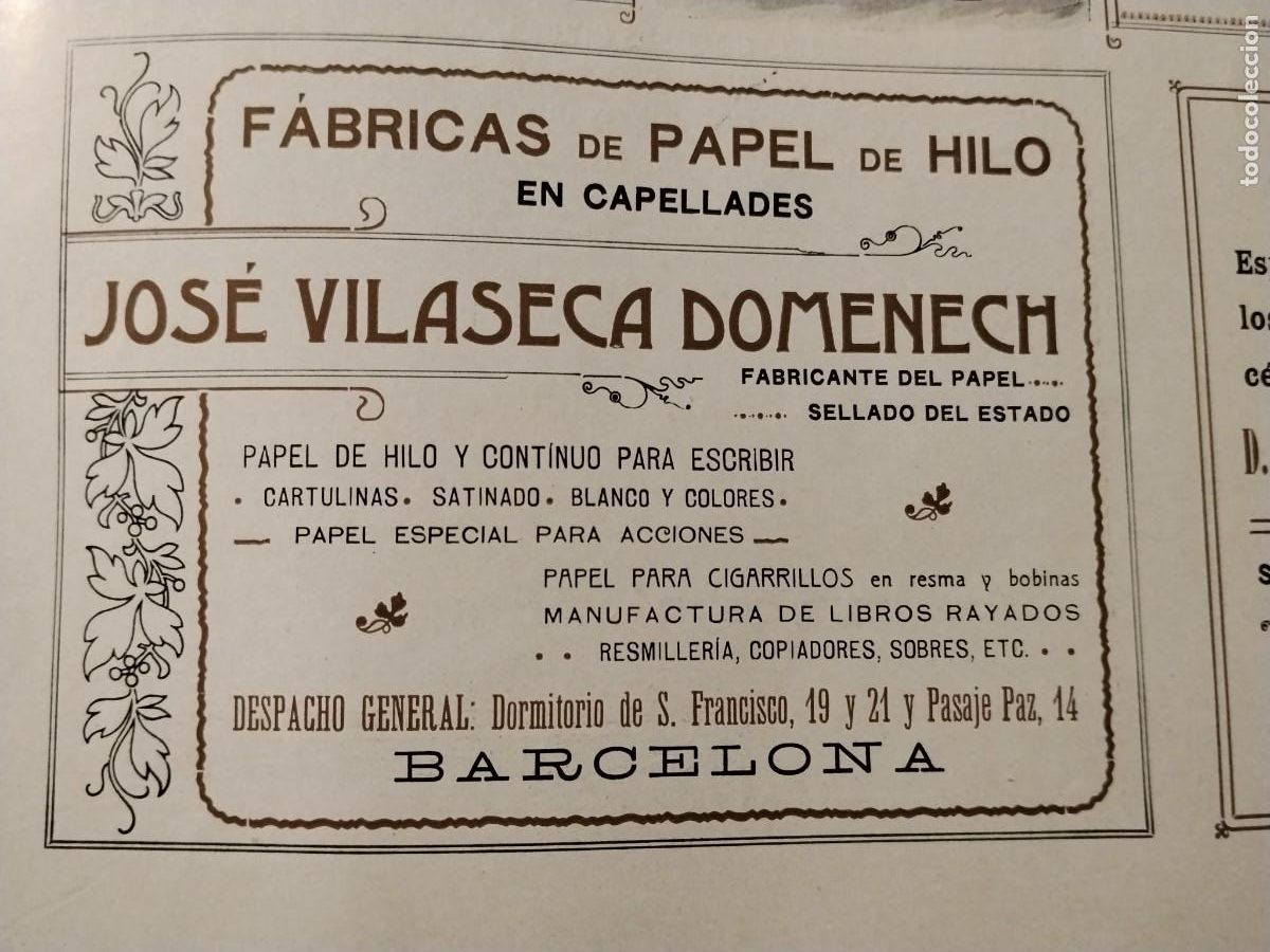 Coleccionismo de carteles: FABRICAS PAPEL DE HILO JOSE VILASECA DOMENECH CAPELLADES BARCELONA HOJA REVISTA A&Ntilde;O 1906
