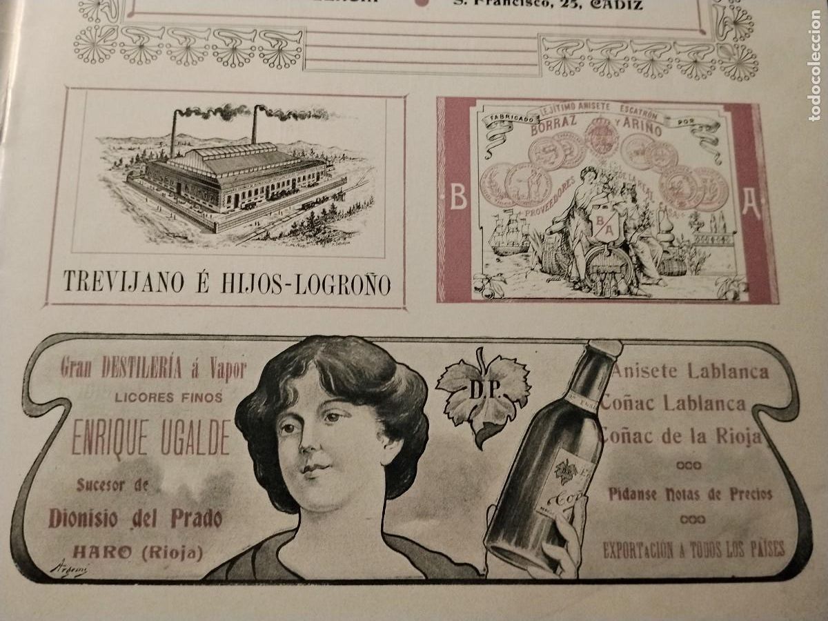 Coleccionismo de carteles: GRAN DESTILERIA A VAPOR ENRIQUE UGALDE SUCESOR DIONISIO DEL PRADO HARO RIOJA HOJA REVISTA A&Ntilde;O 1906