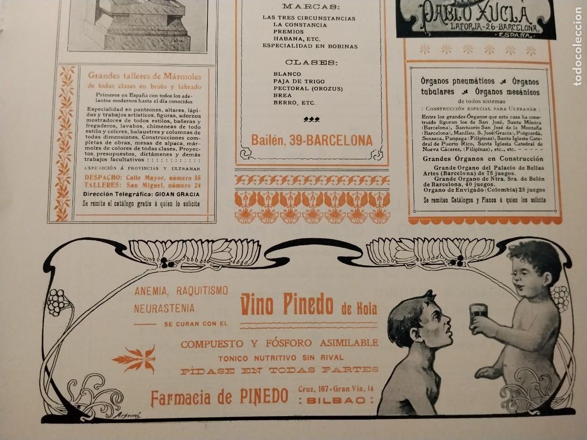 Coleccionismo de carteles: VINO PINEDO DE KOLA ANEMIA RAQUITISMO FARMACIA DE PINEDO BILBAO TONICO NUTRITIVO HOJA A&Ntilde;O 1906