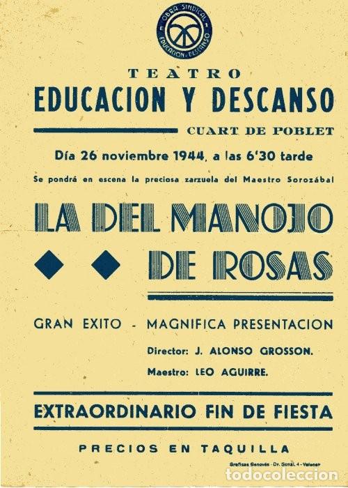 Coleccionismo de carteles: Cartel TEATRO EDUCACI&Oacute;N Y DESCANSO CUART DE POBLET 26 noviembre 1944