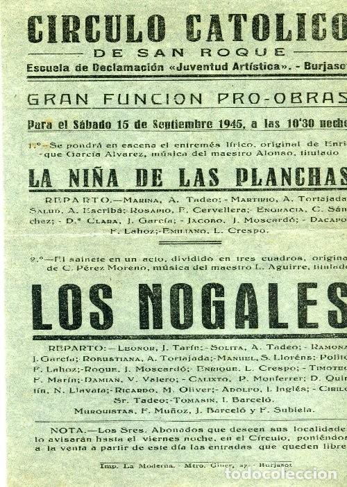 Coleccionismo de carteles: Cartel TEATRO C&Iacute;RCULO CAT&Oacute;LICO DE SAN ROQUE BURJASOT 15 septiembre 1945