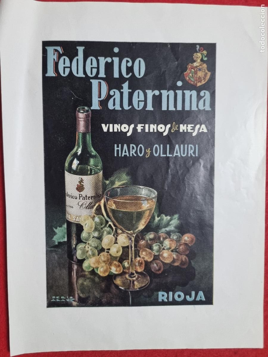 Coleccionismo de carteles: CARTEL PUBLICIDAD VINOS FEDERICO PATERNINA HARO Y OLLAURI RIOJA ILUSTRA PERIS ARAGO ORIGINAL KV1