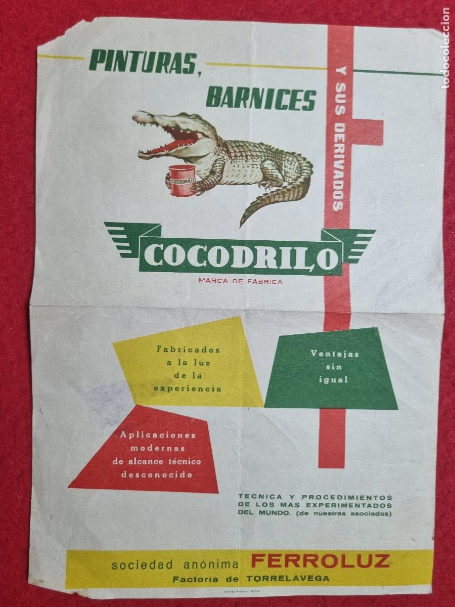 Coleccionismo de carteles: CARTEL PUBLICIDAD PINTURAS Y BARNICES COCODRILO TORRELAVEGA CANTABRIA ORIGINAL KV1