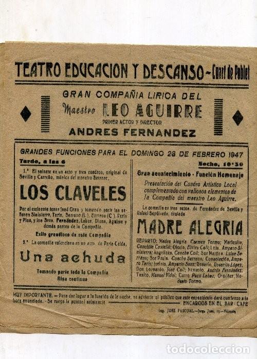 Coleccionismo de carteles: Cartel TEATRO EDUCACI&Oacute;N Y DESCANSO CUART DE POBLET 23 febrero 1947