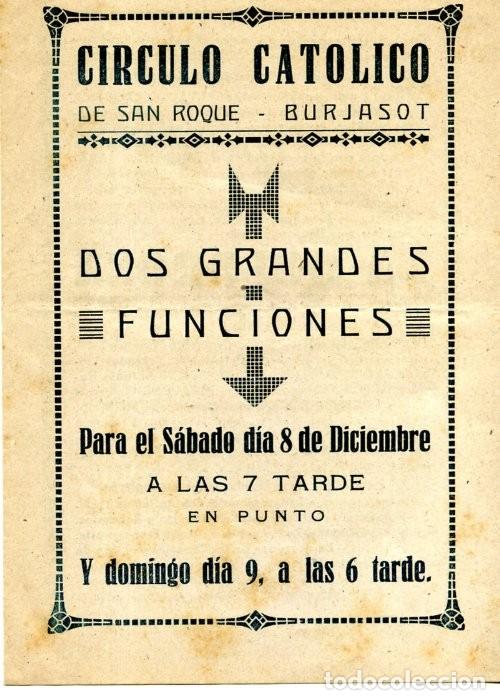 Coleccionismo de carteles: programa TEATRO C&Iacute;RCULO CAT&Oacute;LICO DE SAN ROQUE BURJASOT funciones 8 y 9 diciembre 1945 21,5x