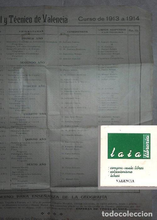 Coleccionismo de carteles: INSTITUTO GENERAL Y TECNICO DE VALENCIA curso 1913 a 1914 38x 28 cm, HORARIOS ,ASIGNATURAS rr