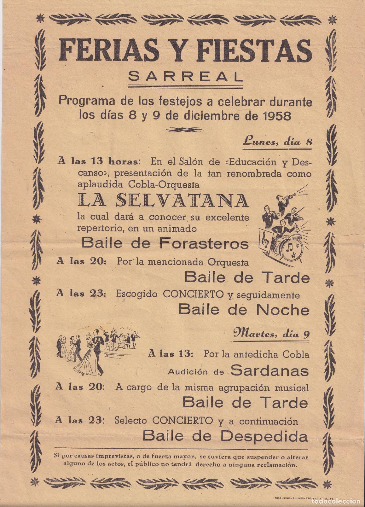 Coleccionismo de carteles: ANTIGUO CARTEL FERIAS Y FIESTAS DE SARREAL / SARRAL (TARRAGONA) - DICIEMBRE DE 1958 - (31,5X21,5)
