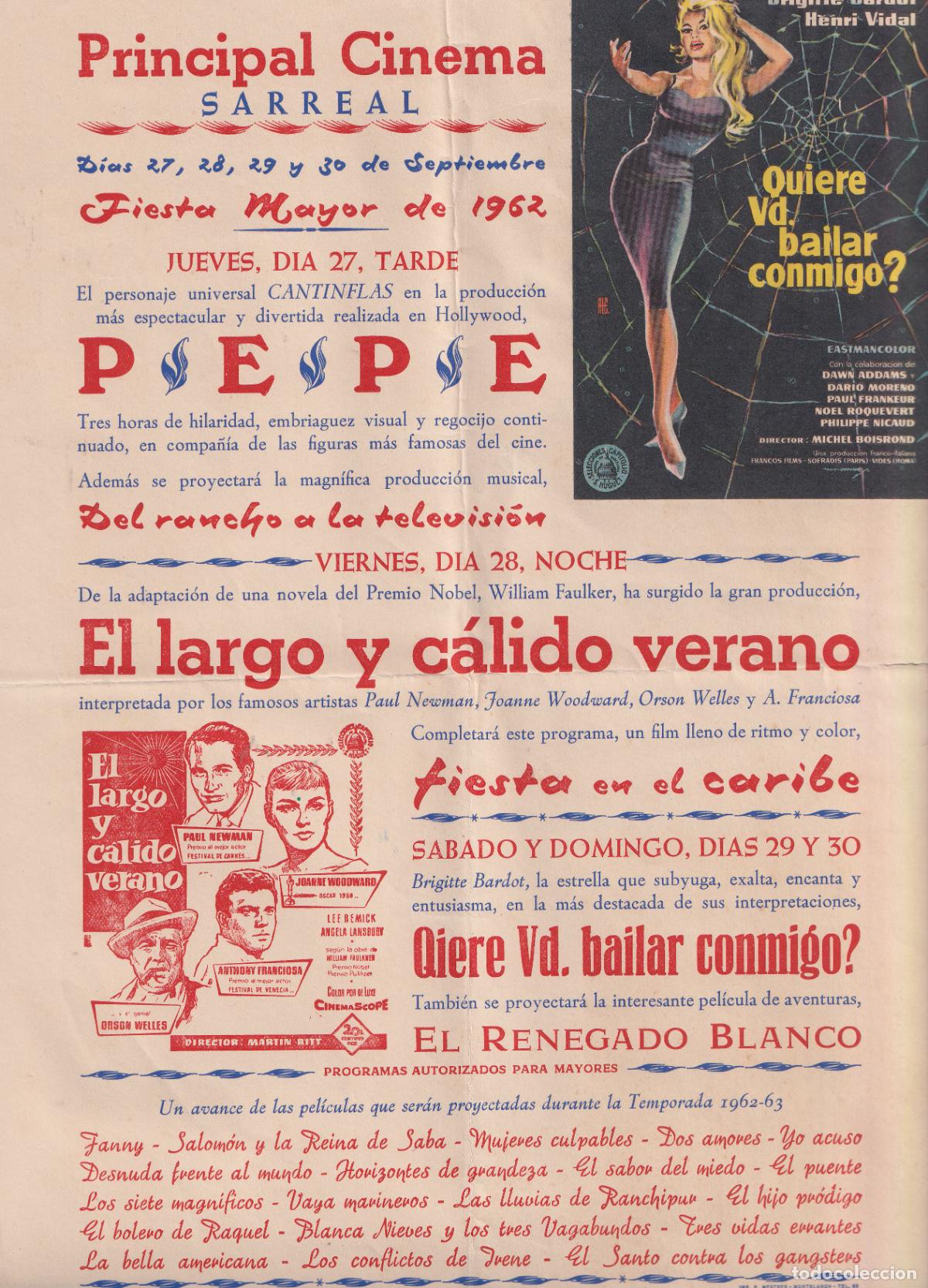 Coleccionismo de carteles: PRINCIPAL CINEMA SARREAL / SARRAL (TARRAGONA) FIESTA MAYOR DE 1962 - (32,5x22)
