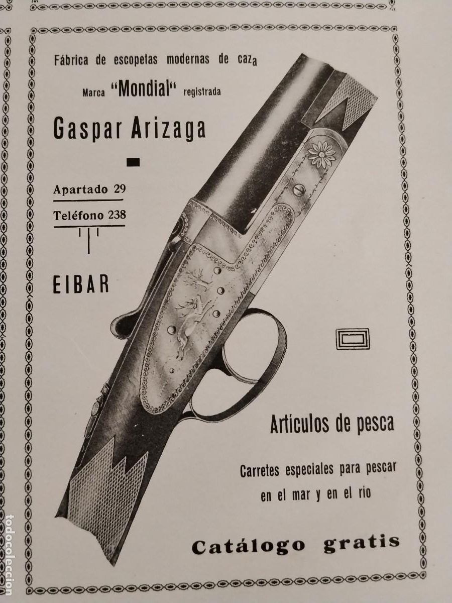 Coleccionismo de carteles: FABRICA ESCOPETAS MARCA MONDIAL GASPAR ARIZAGA EIBAR ARTICULOS PESCA CARRETES HOJA A&Ntilde;O 1934