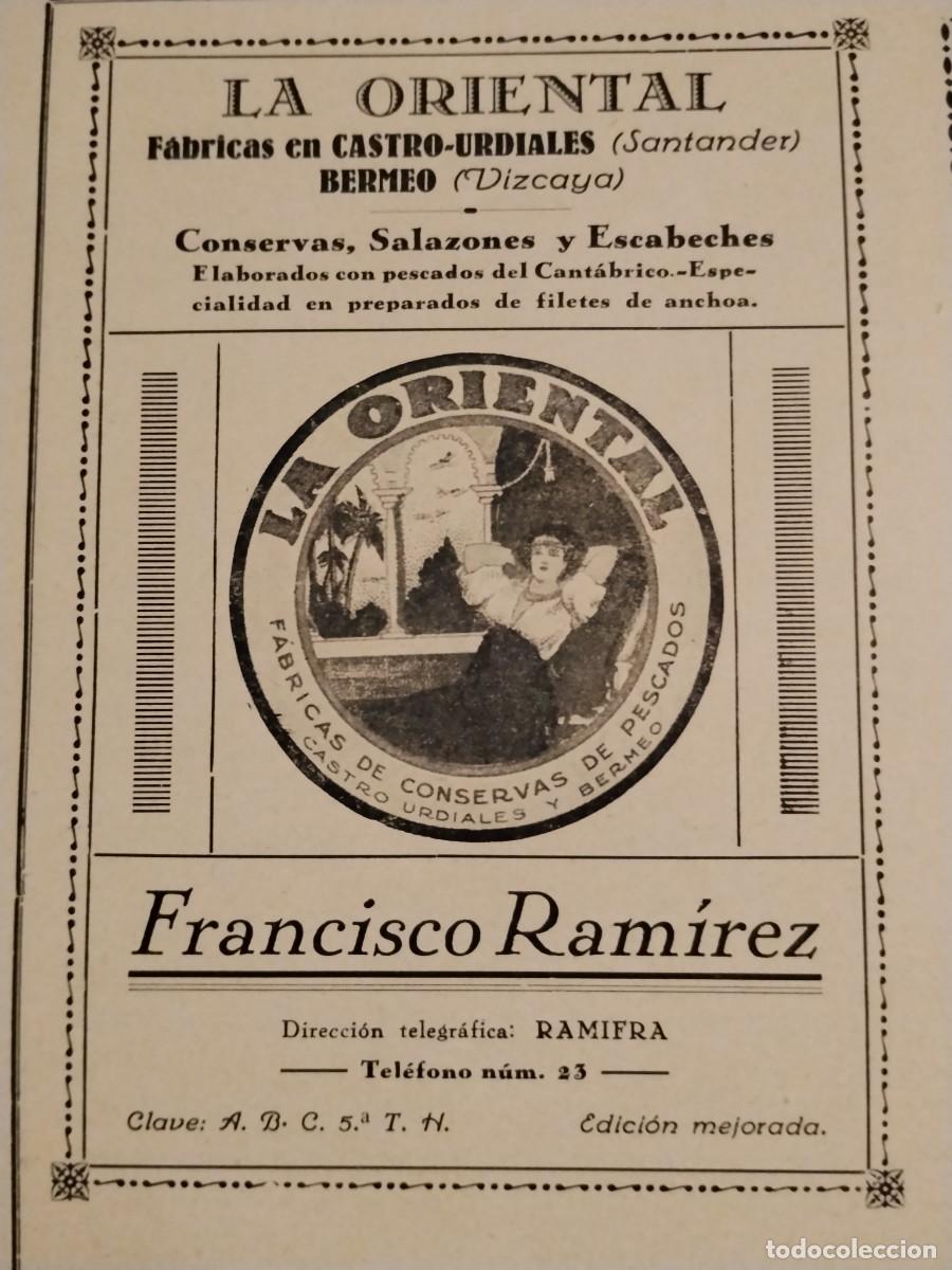 Coleccionismo de carteles: FABRICA CONSERVAS PESCADO SALAZONES LA ORIENTAL FRANCISCO RAMIREZ BERMEO CASTRO URDIALES A&Ntilde;O 1934