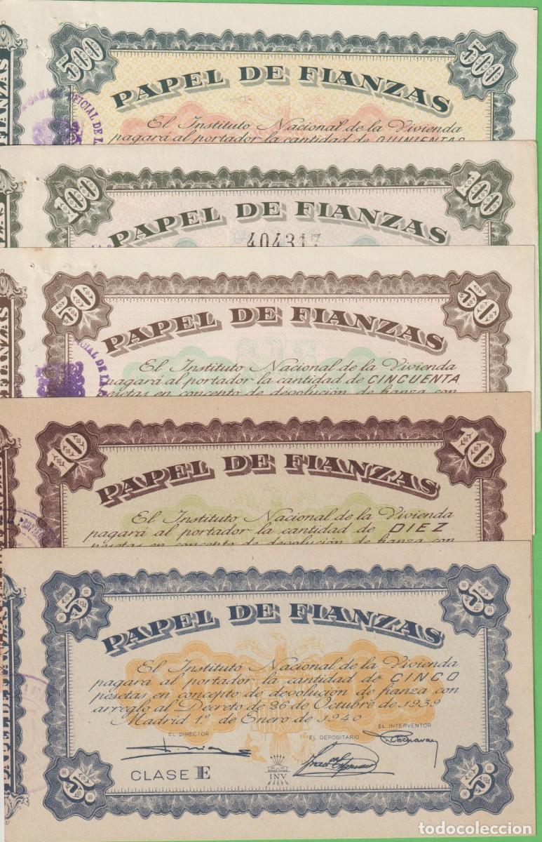 Coleccionismo de cava: PAPEL DE FIANZAS 5 -10-50-100 Y 500 PESETAS 1940 (INSTITUTO NACIONAL DE LA VIVIENDA) (SC/SC-)