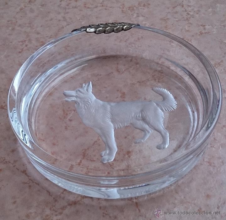Ceniceros: Antiguo cenicero en cristal con grabado de pastor alem&aacute;n y adorno en plata de ley repujada .